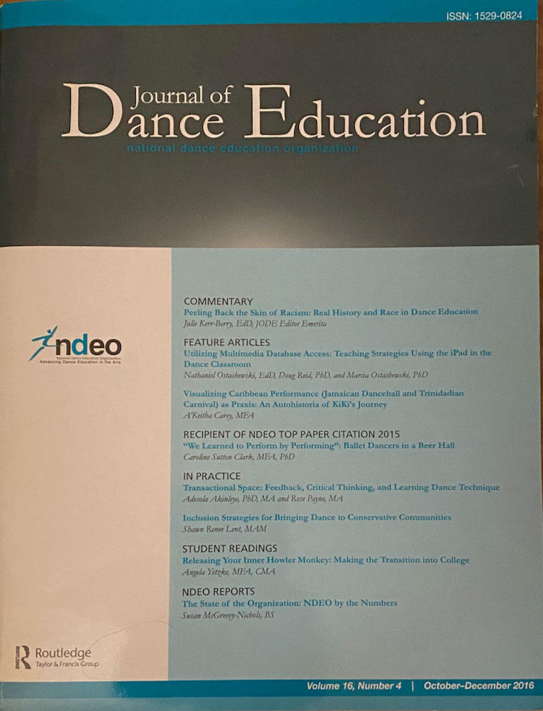 Journal cover- text about contents. Journal of Dance education, October-December 2016, Volume sixteen, Number four.